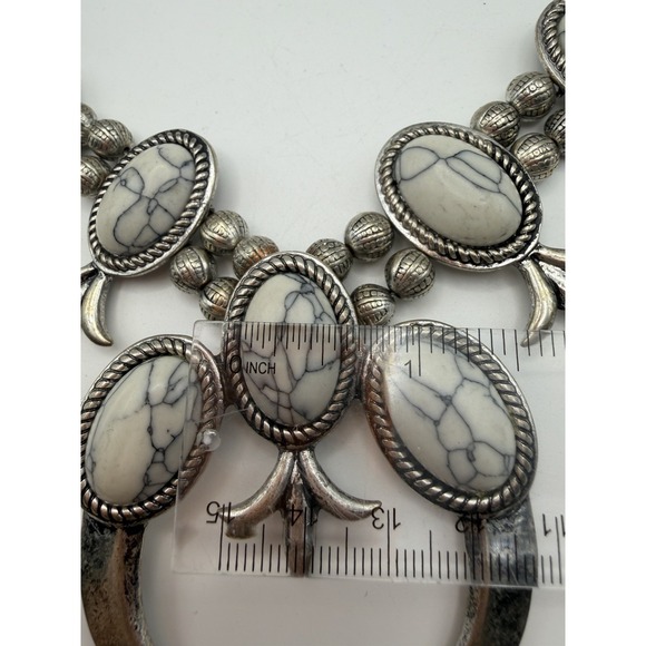 Southwestern Squash Blossom Naja Necklace White Faux Turquoise Silver Tone 22in - Picture 4 of 13
